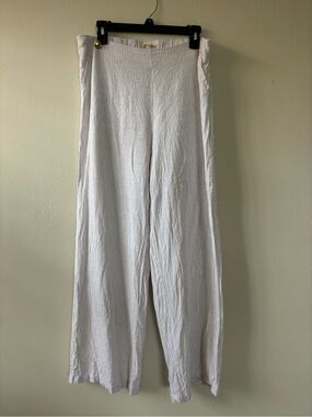 Michael Kors Women’s Large Pants Linen Blend Beige White Stripe Wide-Leg Pants